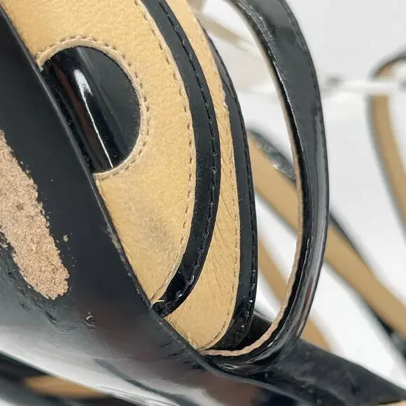 Chanel Vintage Beige Black Patent Leather Cap Toe CC Logo Strappy Heels EU 40 - Picture 8 of 16